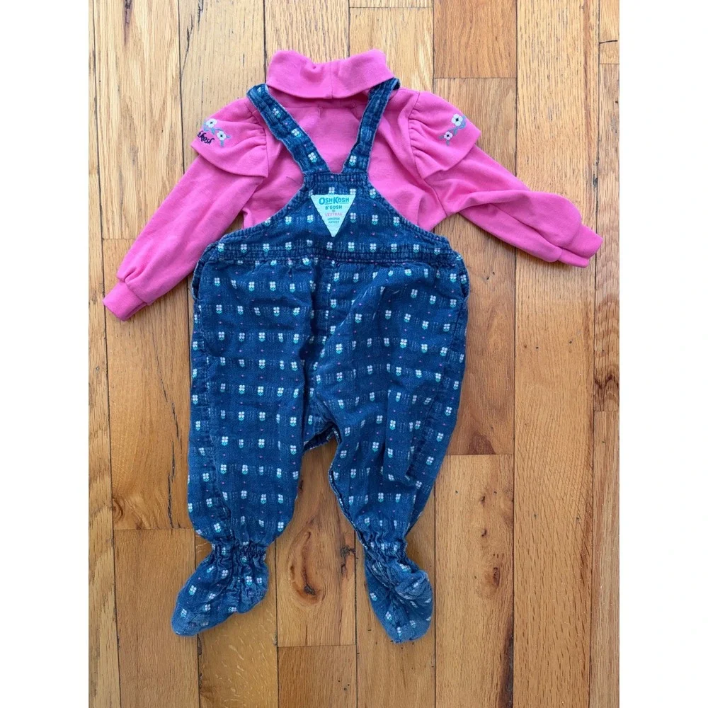 OshKosh Bgosh Vintage Floral Vestbak Footed Overalls With Matching Top 6-9 Month